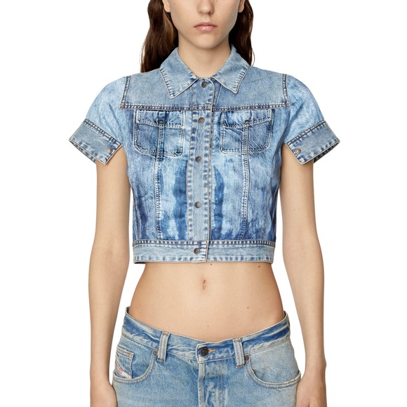 Diesel Trompe L’œil crop shirt in blue satin - Picture 4 of 4